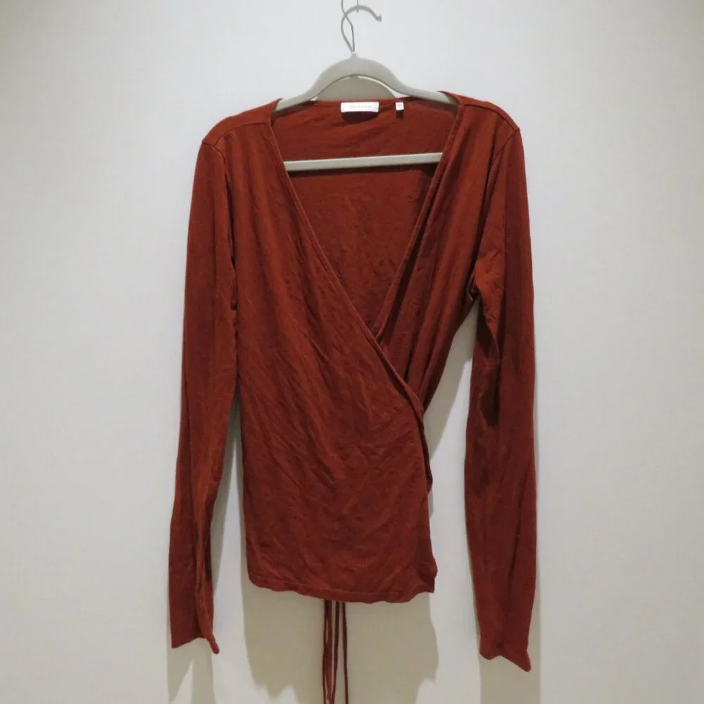 REBECCA TAYLOR Slim Wrap Blouse in Cayenne Fall Minimalist Office Cotton Alpaca - Picture 3 of 13